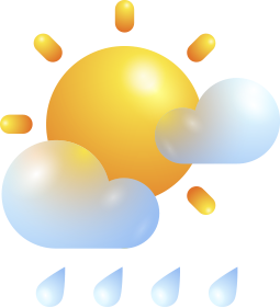 Weather forecast icon with a cloud and raindrops, with a sun in the background